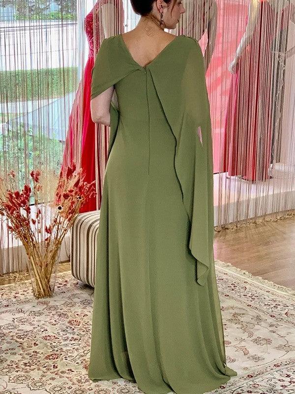 Elegant Chiffon Sheath Column Cowl Neck Cape Sleeve Zipper Back Floor-Length Maxi Formal Mother of the Bride Dresses