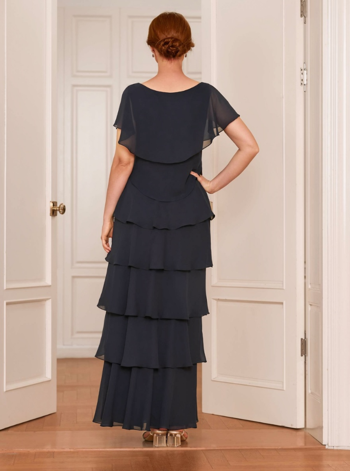 Elegant Chiffon Tiered Ruffle A-Line V-Neck Cold Shoulder Ruffle Short Sleeves Round Back Zipper Closure Floor-Length Maxi Formal Mother of the Bride Dresses