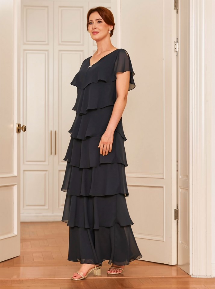 Elegant Chiffon Tiered Ruffle A-Line V-Neck Cold Shoulder Ruffle Short Sleeves Round Back Zipper Closure Floor-Length Maxi Formal Mother of the Bride Dresses