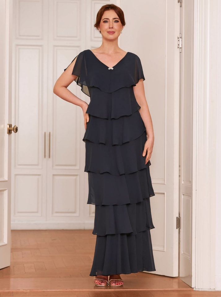 Elegant Chiffon Tiered Ruffle A-Line V-Neck Cold Shoulder Ruffle Short Sleeves Round Back Zipper Closure Floor-Length Maxi Formal Mother of the Bride Dresses