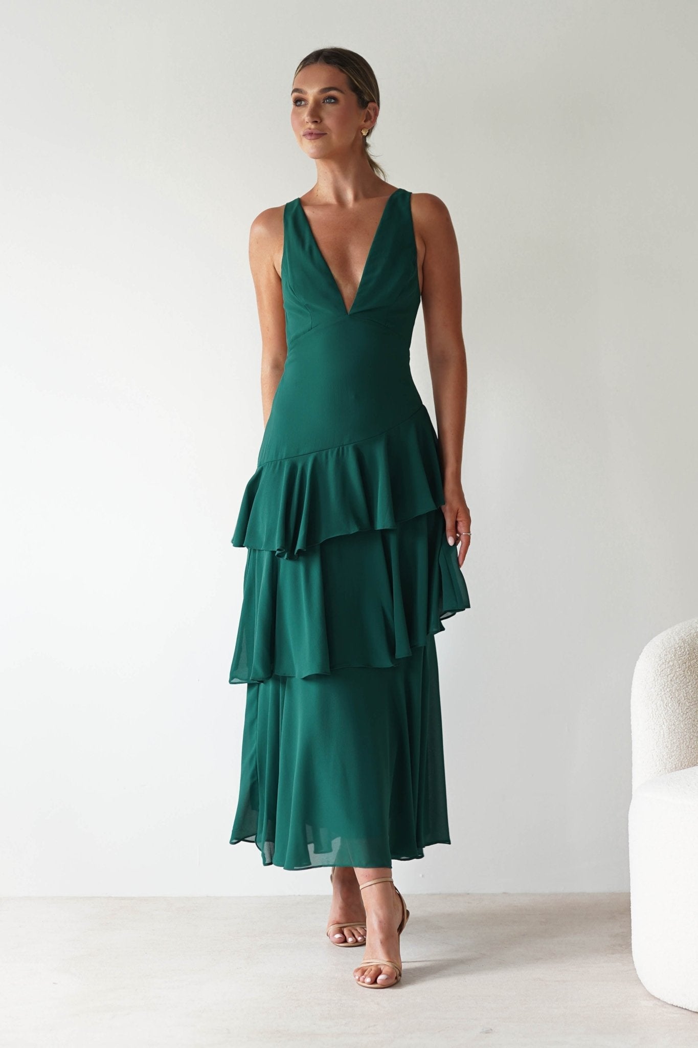 Elegant Chiffon Tiered Ruffle V-Neck Crisscross-Back Prom Dresses