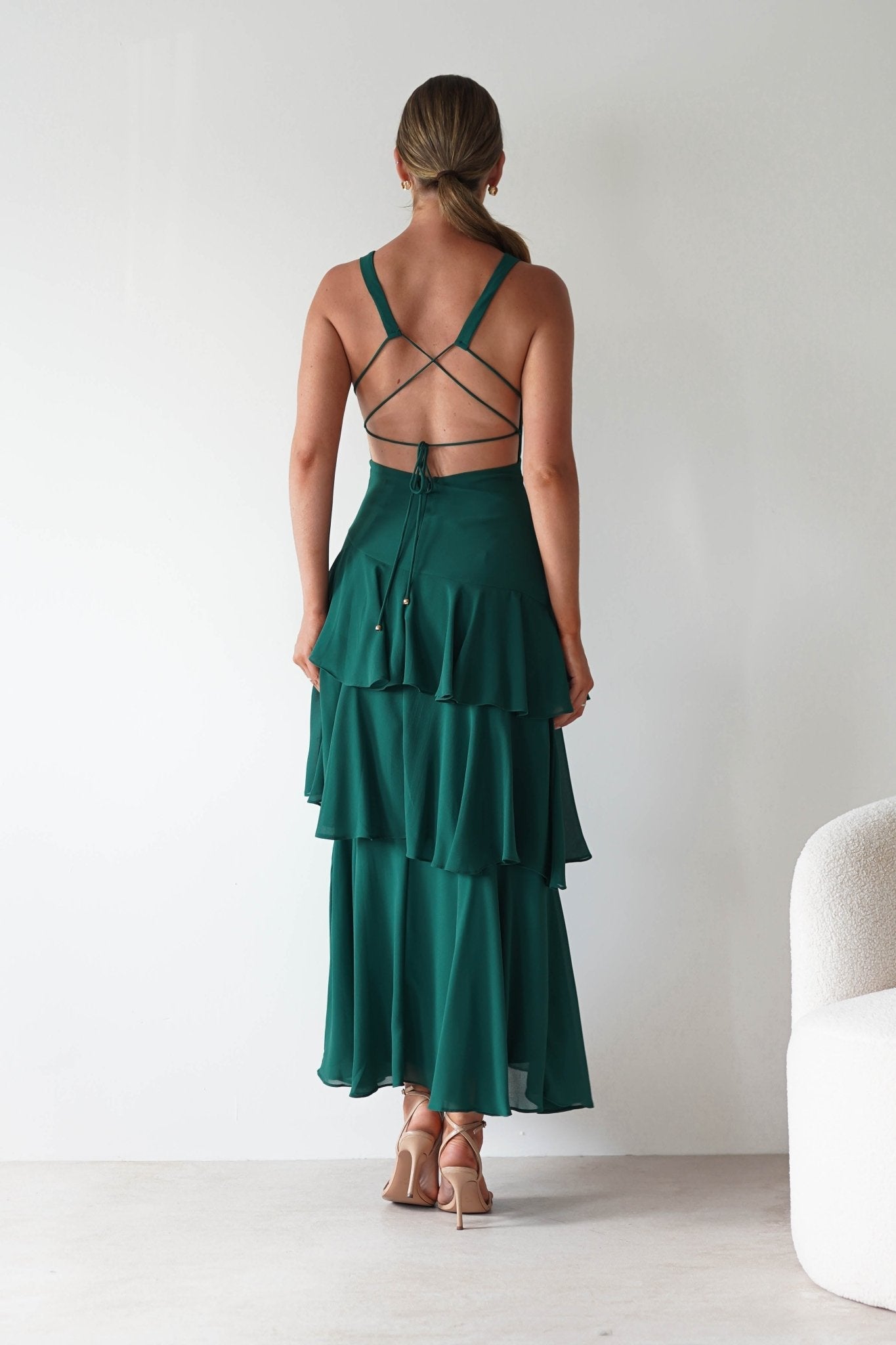 Elegant Chiffon Tiered Ruffle V-Neck Crisscross-Back Prom Dresses