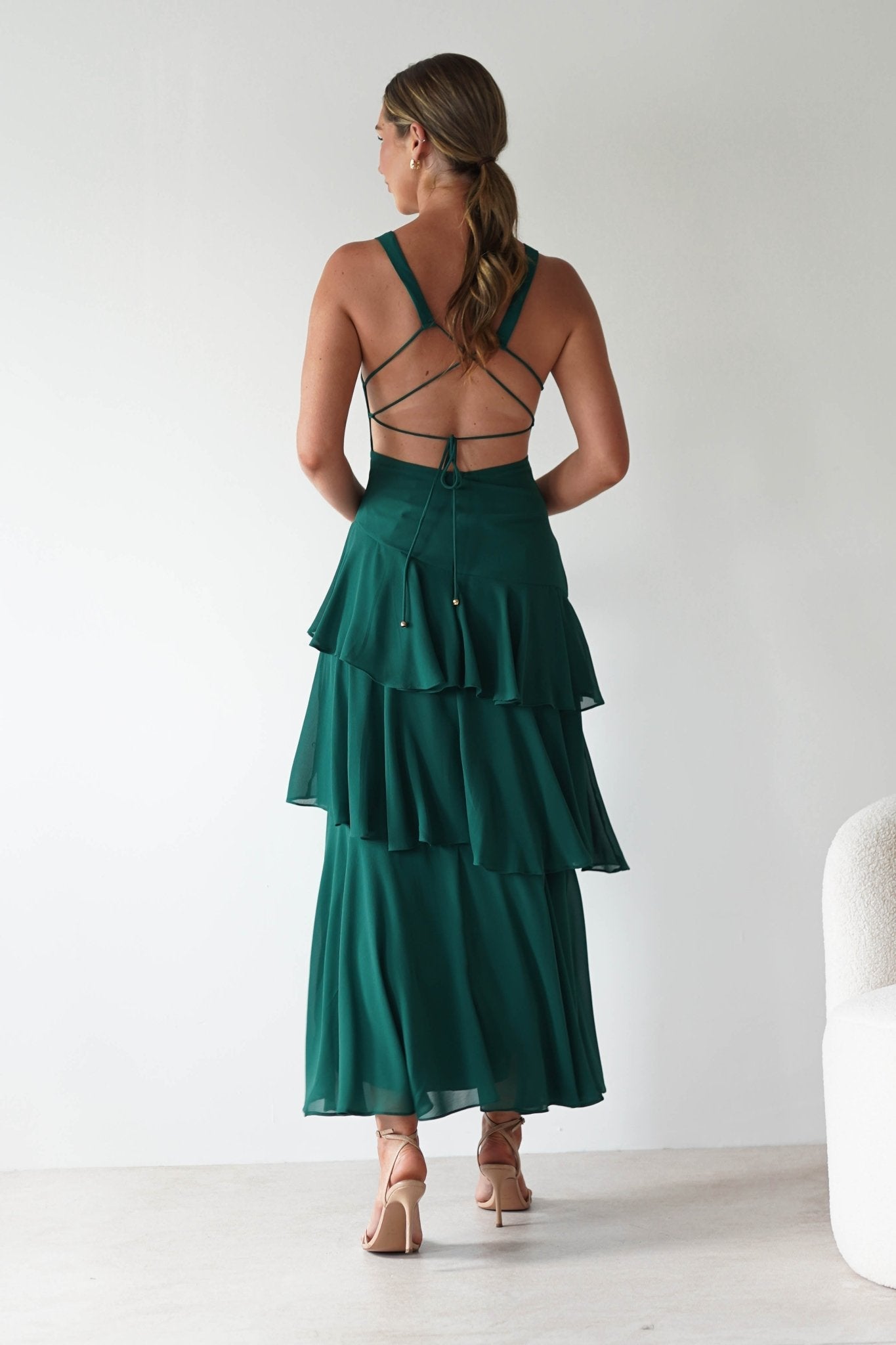 Elegant Chiffon Tiered Ruffle V-Neck Crisscross-Back Prom Dresses