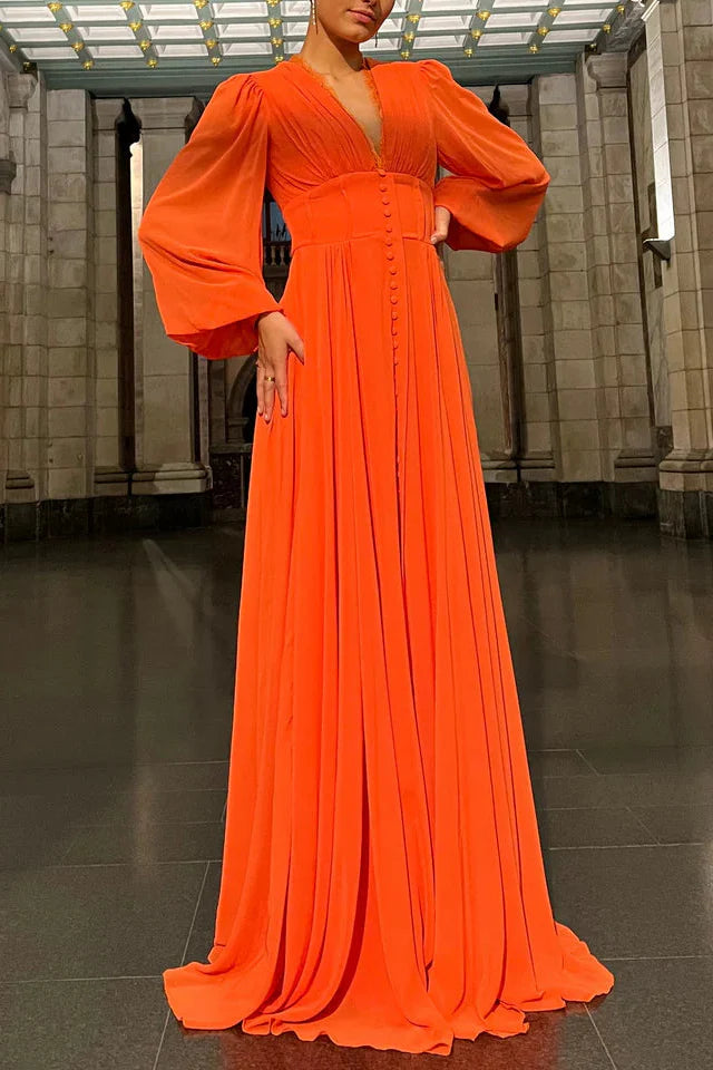 Elegant Chiffon V-Neck Evening Dresses with Bishop Sleeves, Button-Down Bodice and Flowing Maxi Skirt Formal Gown