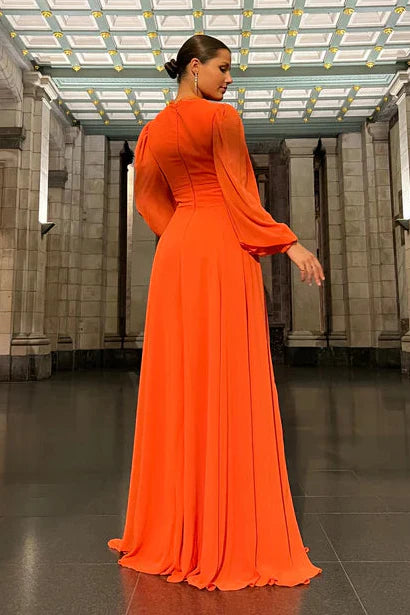 Elegant Chiffon V-Neck Evening Dresses with Bishop Sleeves, Button-Down Bodice and Flowing Maxi Skirt Formal Gown