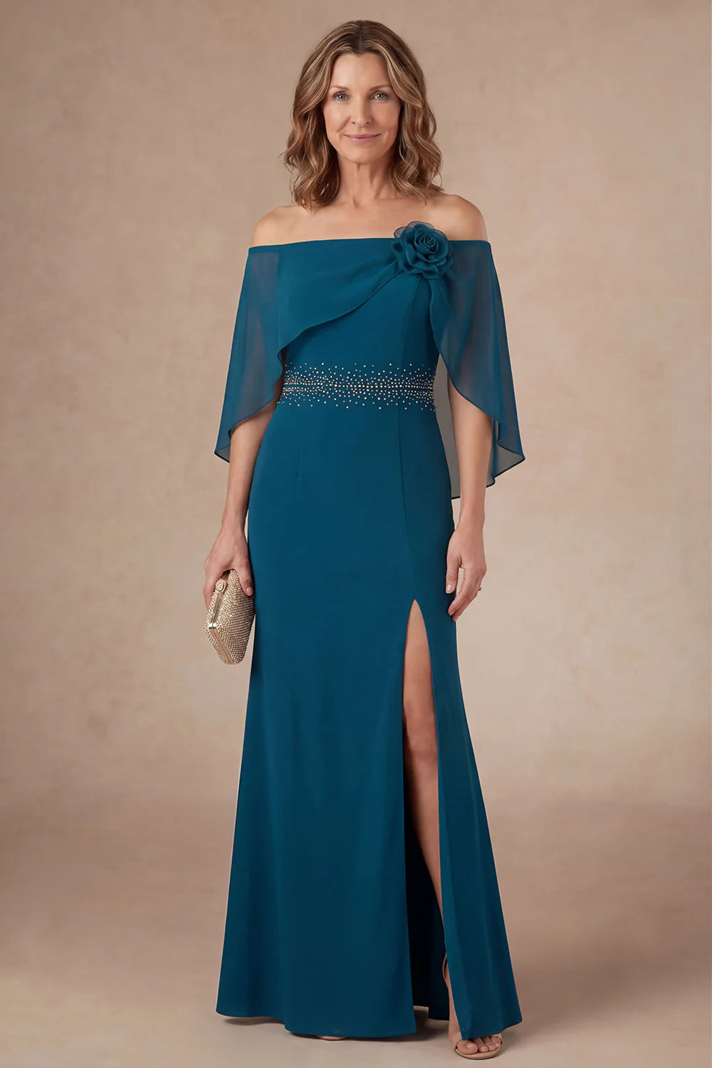 Elegant Chiffon V-Neck Half Sleeve Floral Embroidered A-Line Floor Length Mother of the Bride Dress