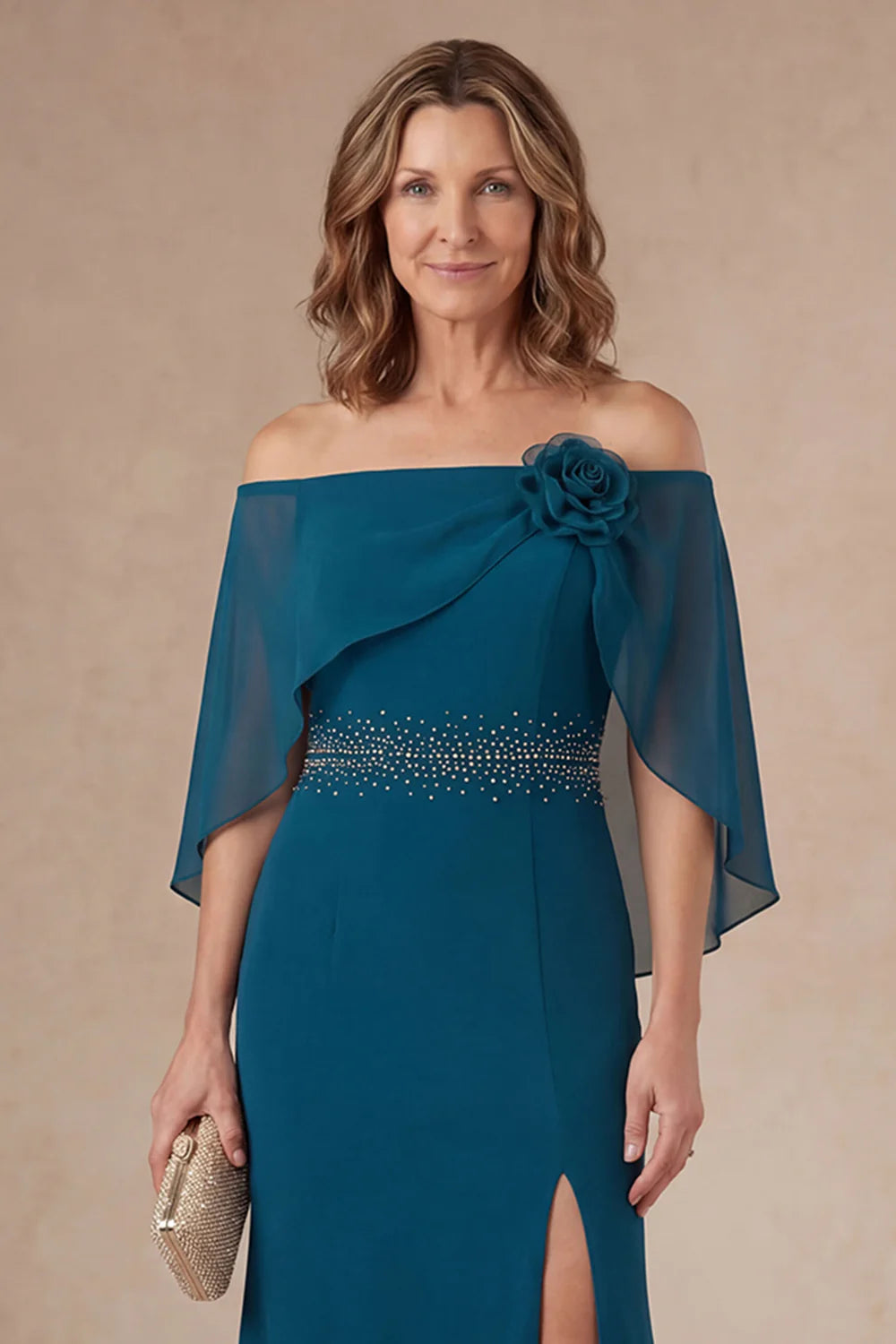 Elegant Chiffon V-Neck Half Sleeve Floral Embroidered A-Line Floor Length Mother of the Bride Dress