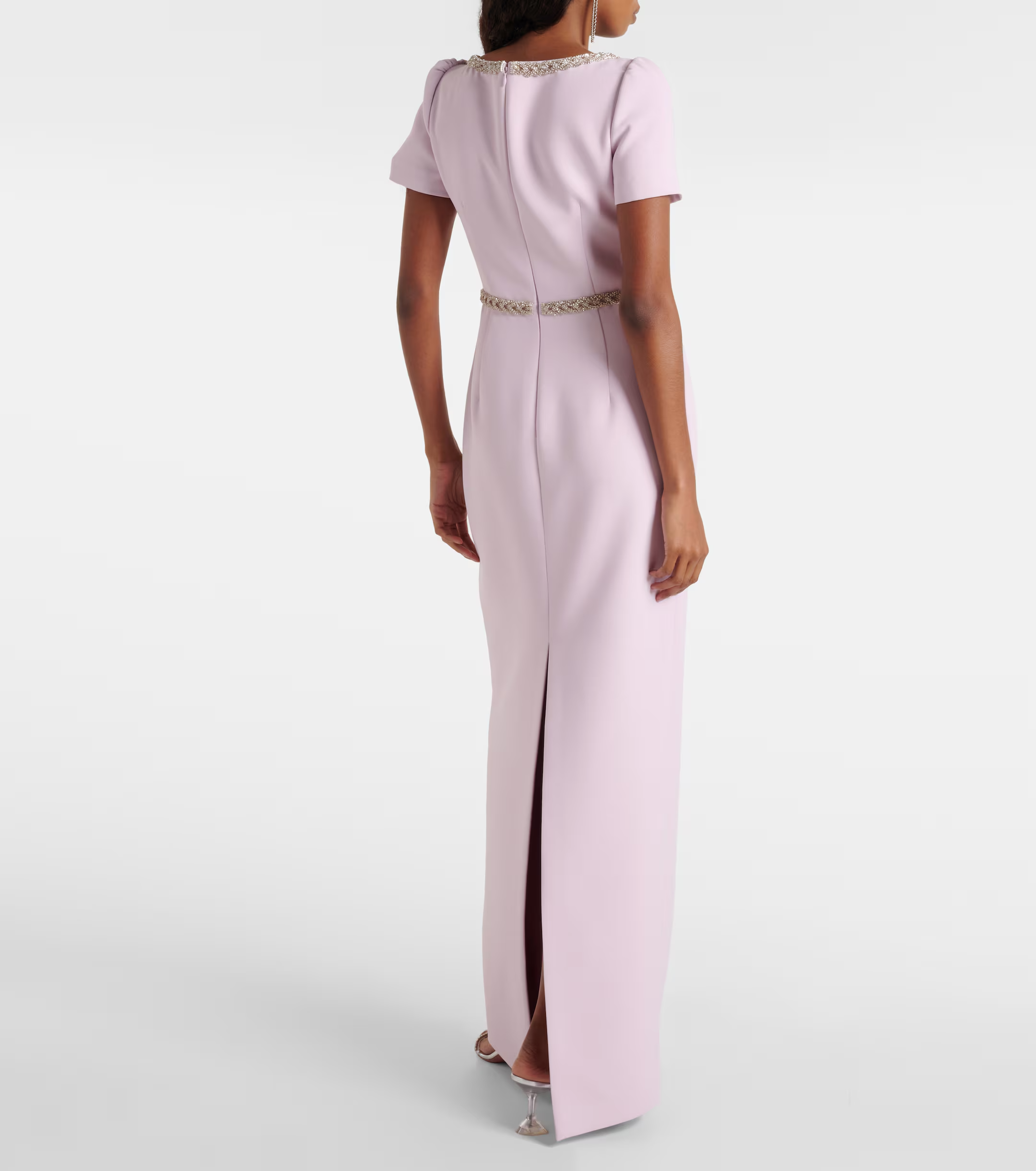 Elegant Column Gown Scoop Neck Short Sleeves Keyhole Back Floor Length Formal Evening Dress
