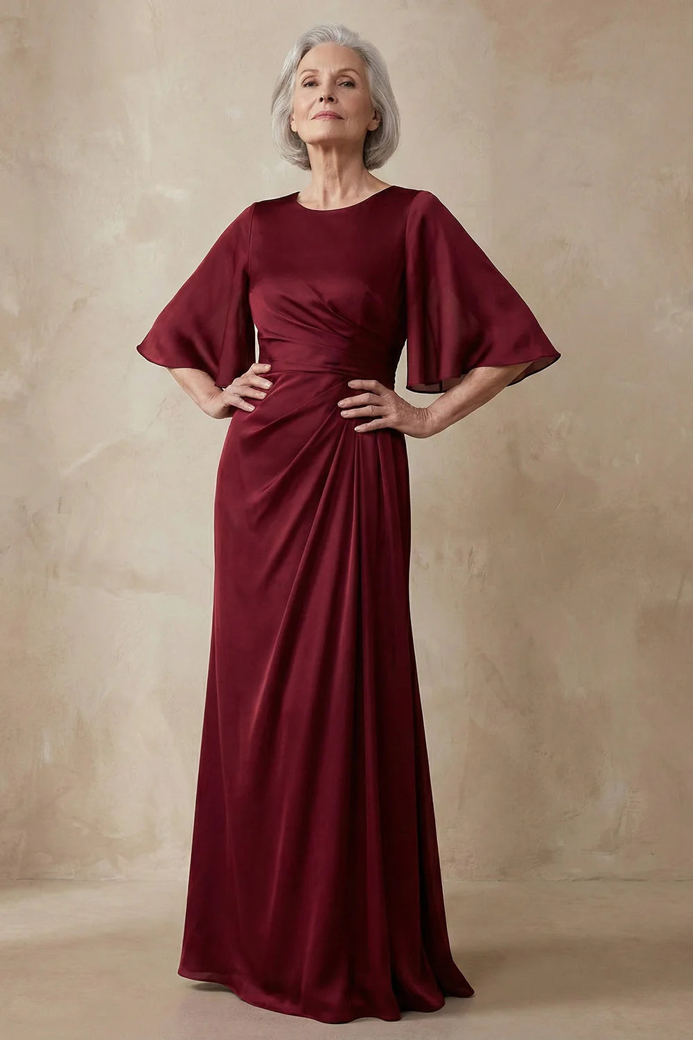 Elegant Column Mother of the Bride Dress Round Neck Chiffon Flounce Sleeves Ruched Waist Open Back Floor Length