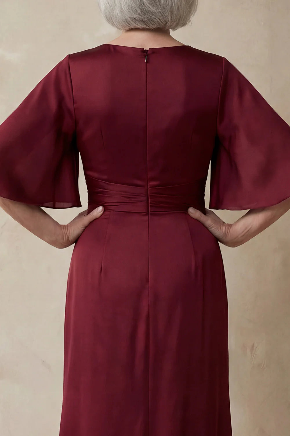 Elegant Column Mother of the Bride Dress Round Neck Chiffon Flounce Sleeves Ruched Waist Open Back Floor Length