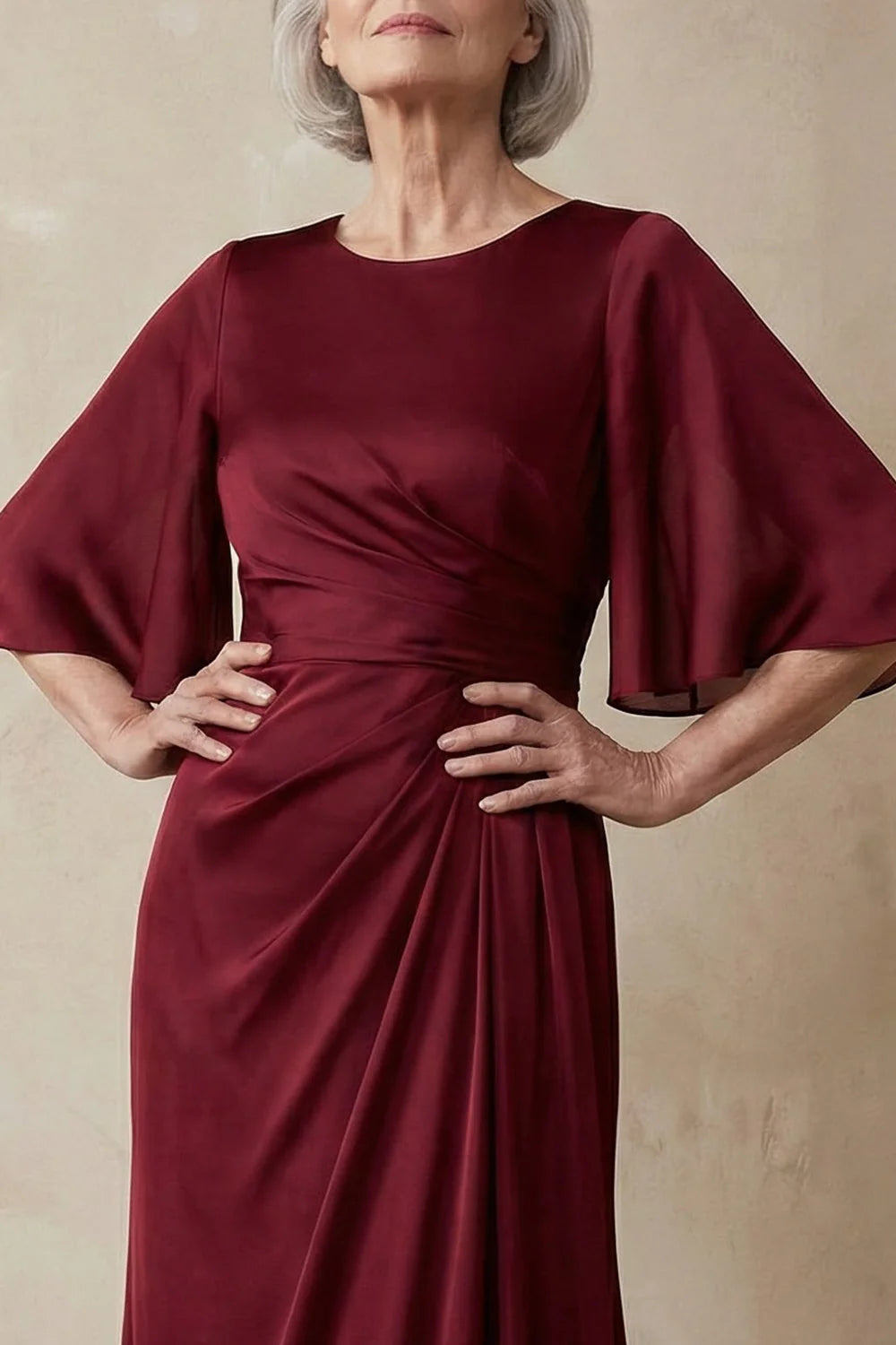 Elegant Column Mother of the Bride Dress Round Neck Chiffon Flounce Sleeves Ruched Waist Open Back Floor Length