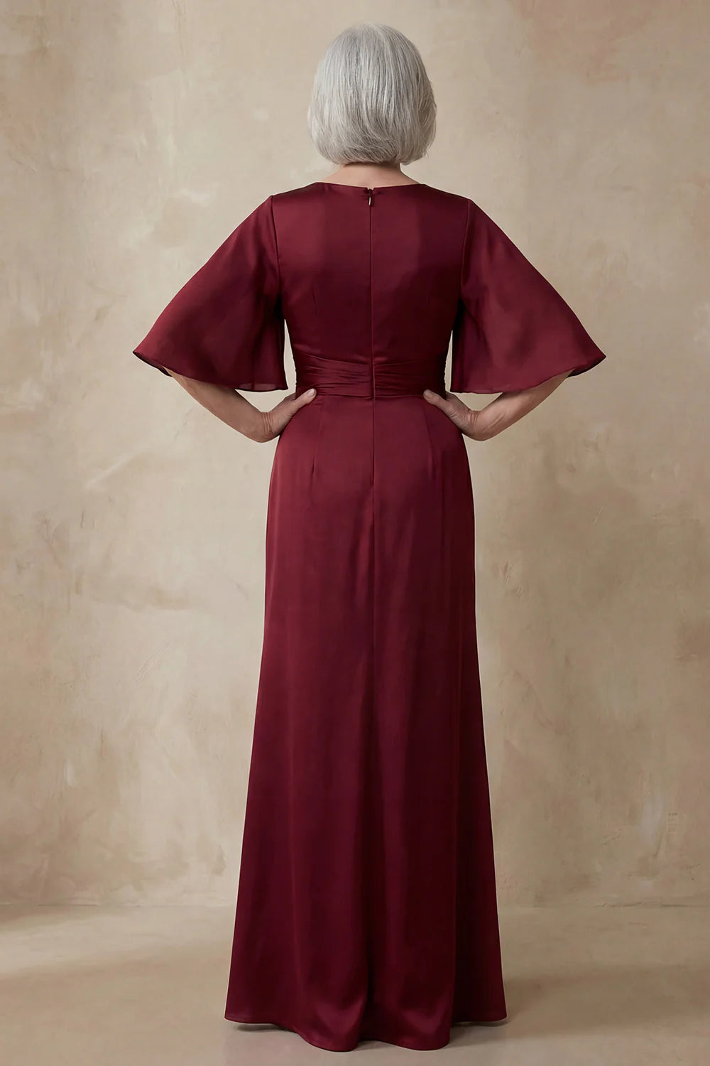 Elegant Column Mother of the Bride Dress Round Neck Chiffon Flounce Sleeves Ruched Waist Open Back Floor Length