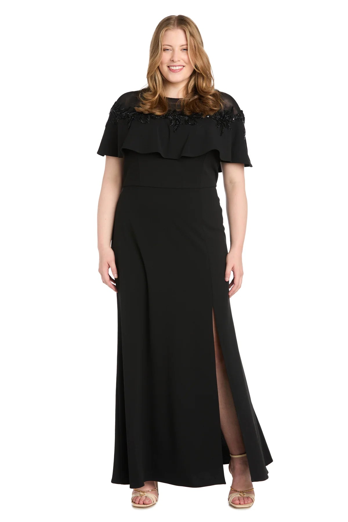 Elegant Column Neckline Illusion Capelet Zipper-Back Slit Black Evening Dress