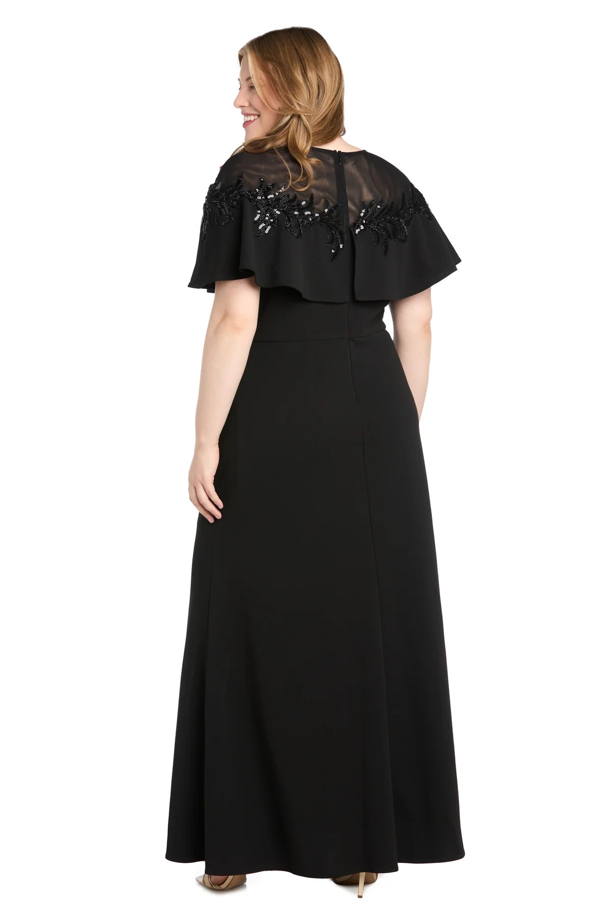 Elegant Column Neckline Illusion Capelet Zipper-Back Slit Black Evening Dress