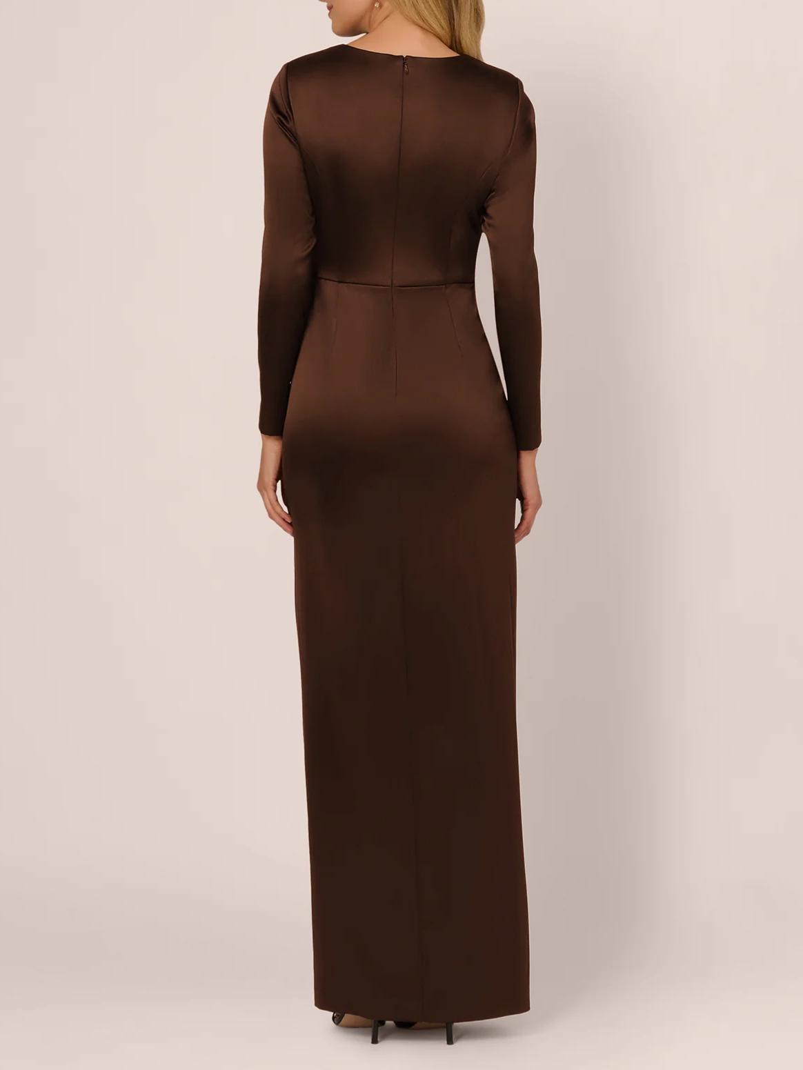 Elegant Column Round-Neck Long-Sleeve Zipper-Back Floor-Length Bow Accent Evening Dress