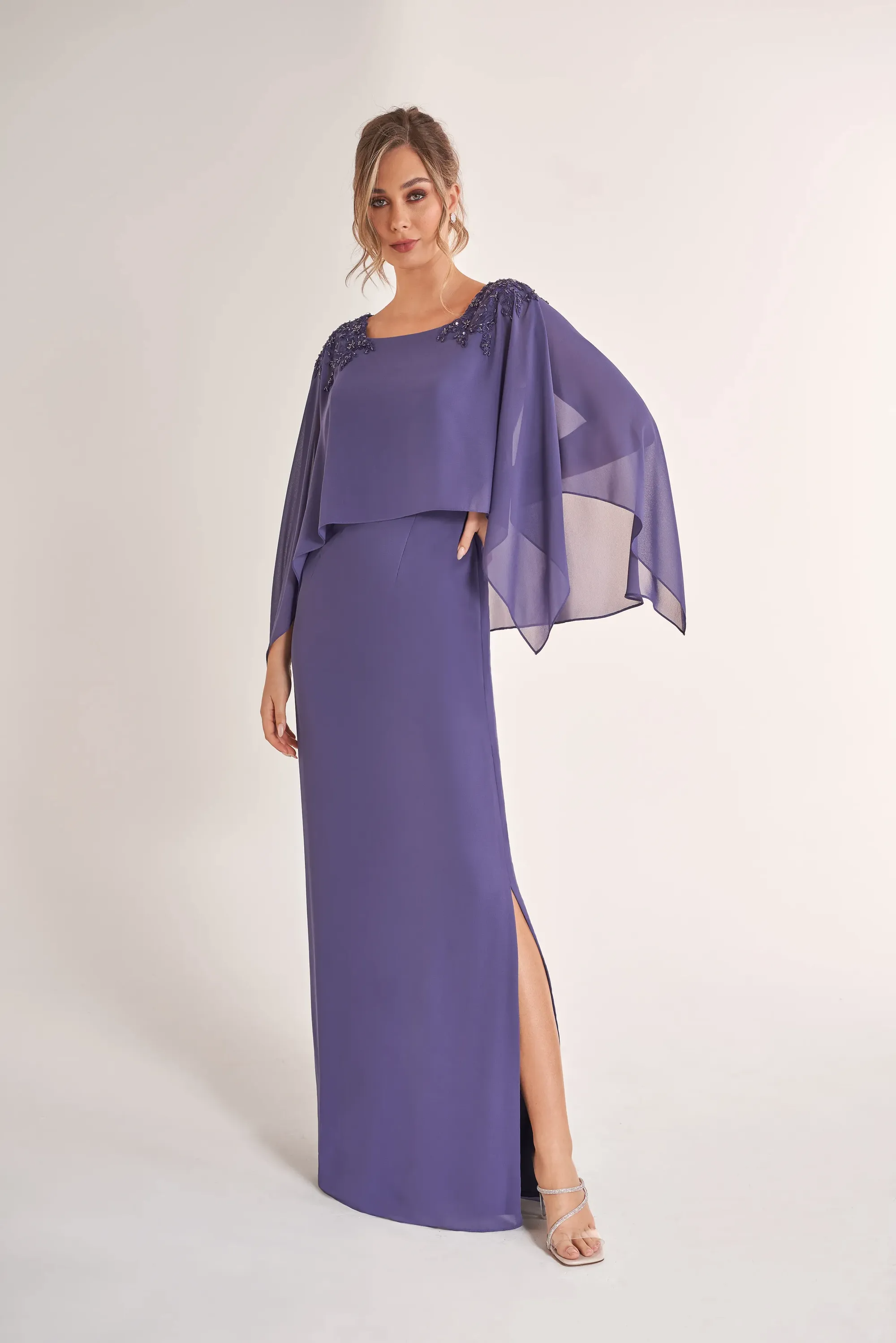 Elegant Column Square Neck Capelet Sleeve Beaded Shoulder Side Slit Floor-Length Chiffon Mother of the Bride Dresses