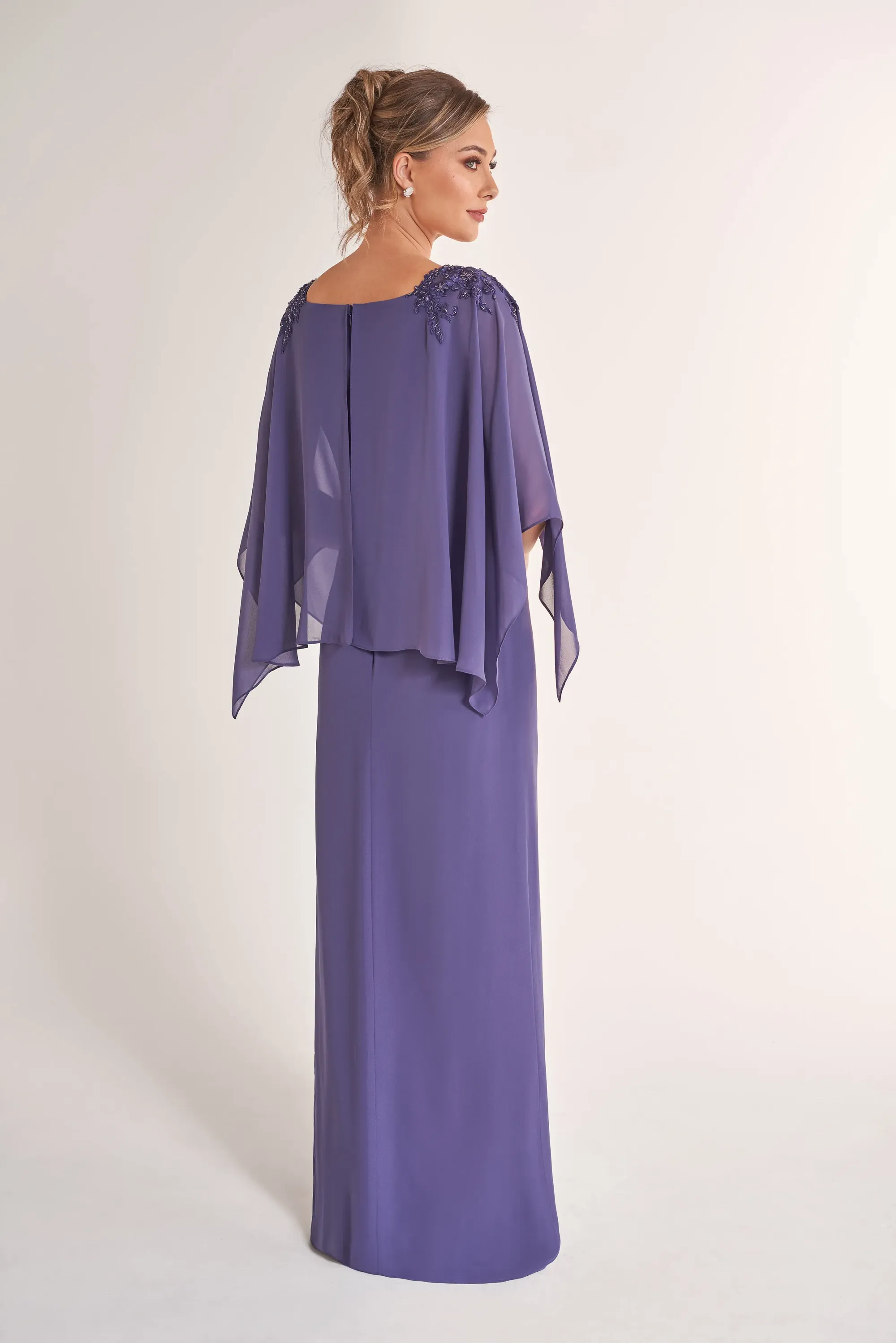 Elegant Column Square Neck Capelet Sleeve Beaded Shoulder Side Slit Floor-Length Chiffon Mother of the Bride Dresses