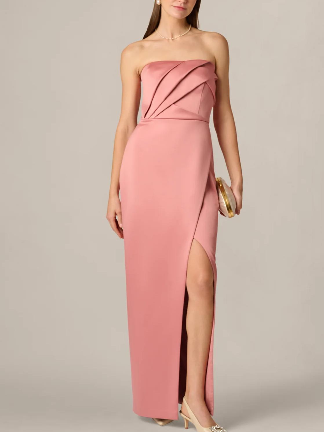 Elegant Column Strapless Sleeveless Zipper-Back Floor-Length Pleated Evening Dress