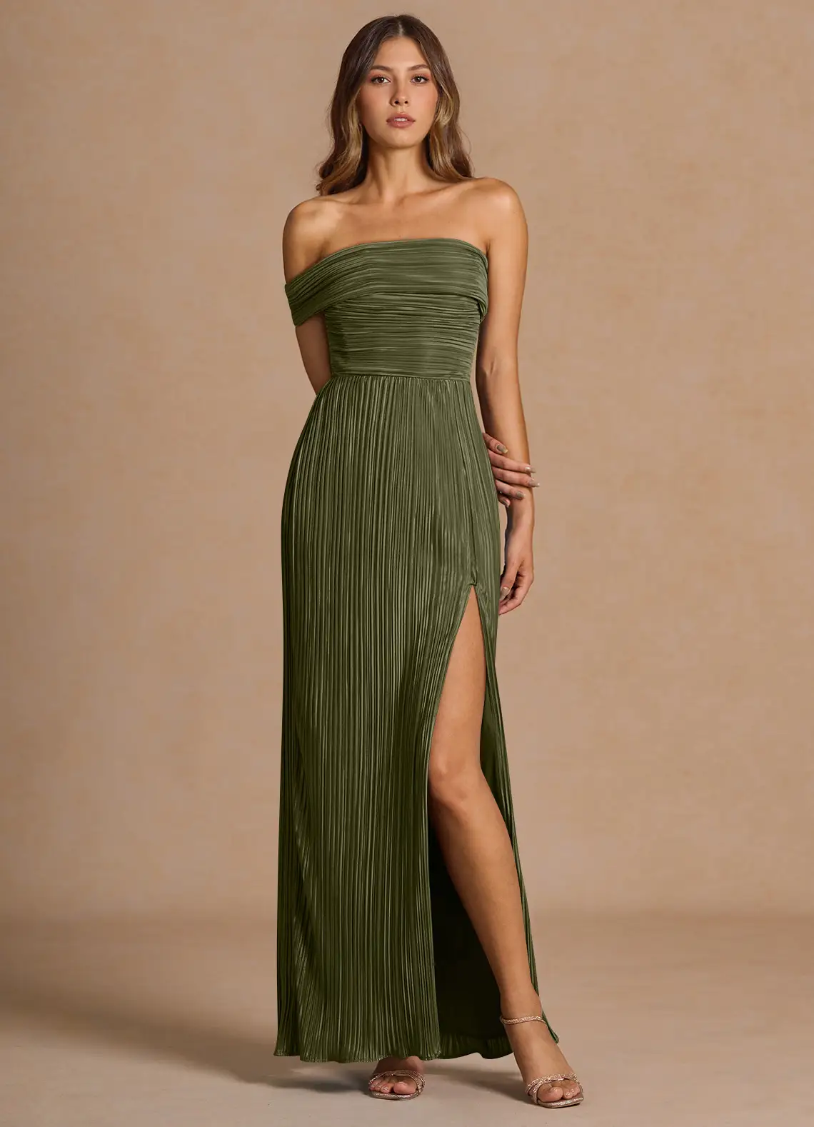 Elegant Convertible Off-Shoulder Pleated Chiffon High-Slit Floor-Length Evening Dress