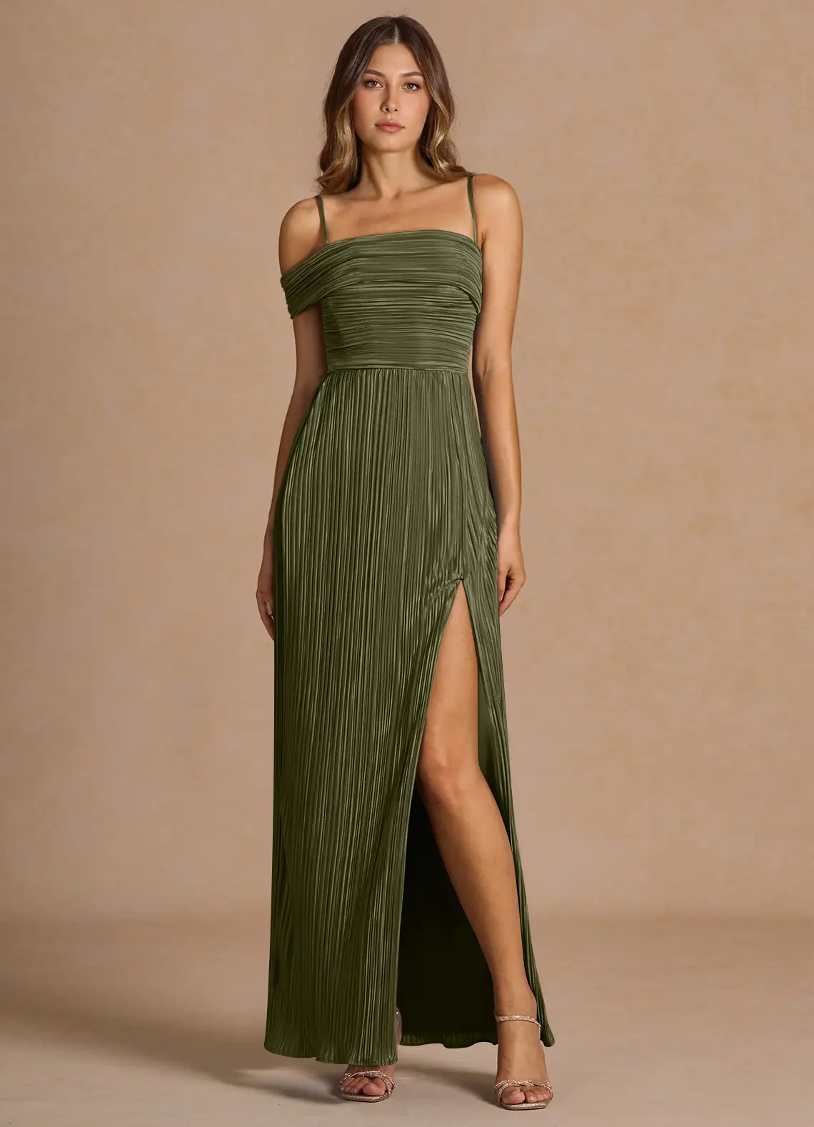 Elegant Convertible Off-Shoulder Pleated Chiffon High-Slit Floor-Length Evening Dress