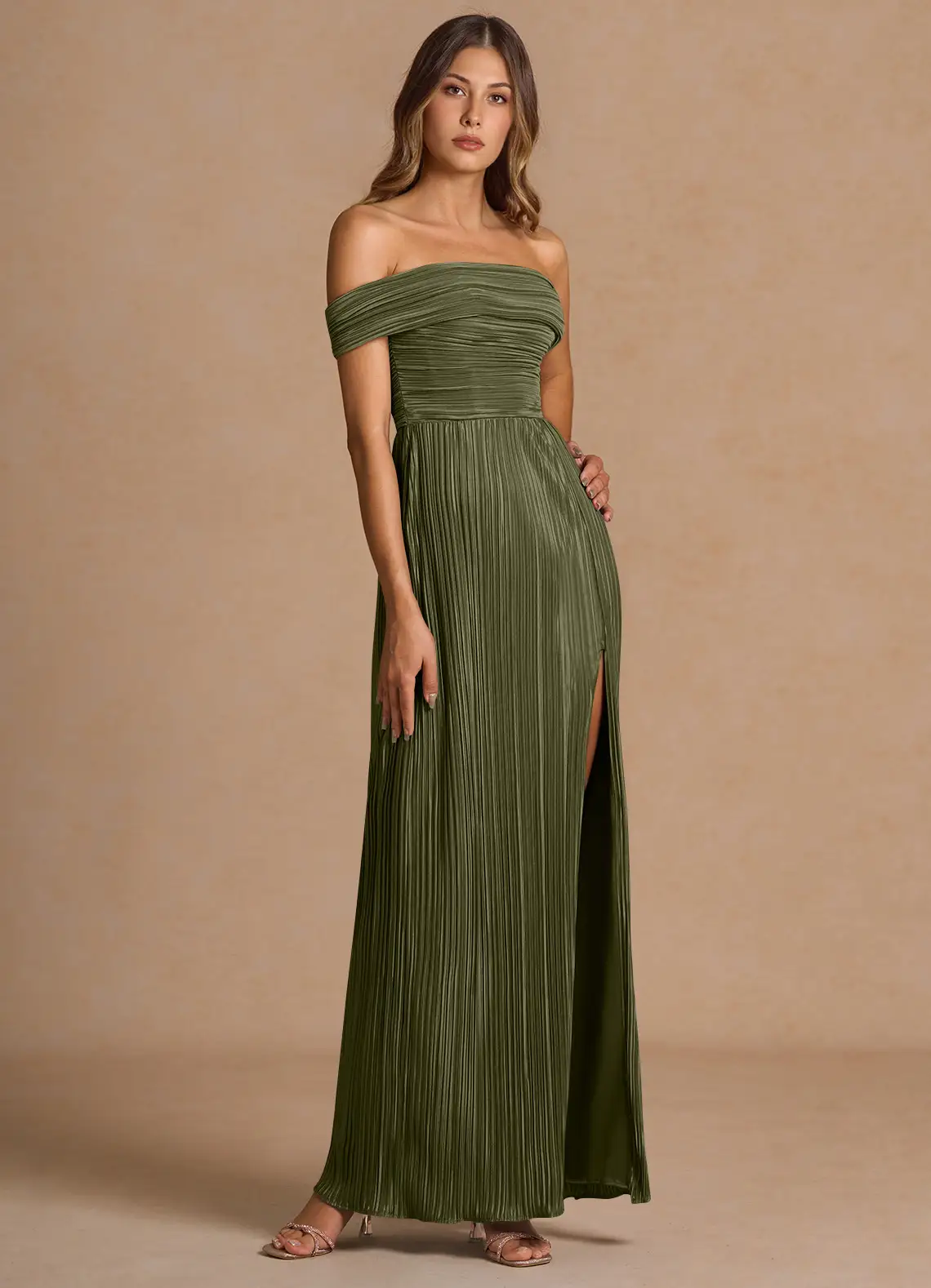 Elegant Convertible Off-Shoulder Pleated Chiffon High-Slit Floor-Length Evening Dress