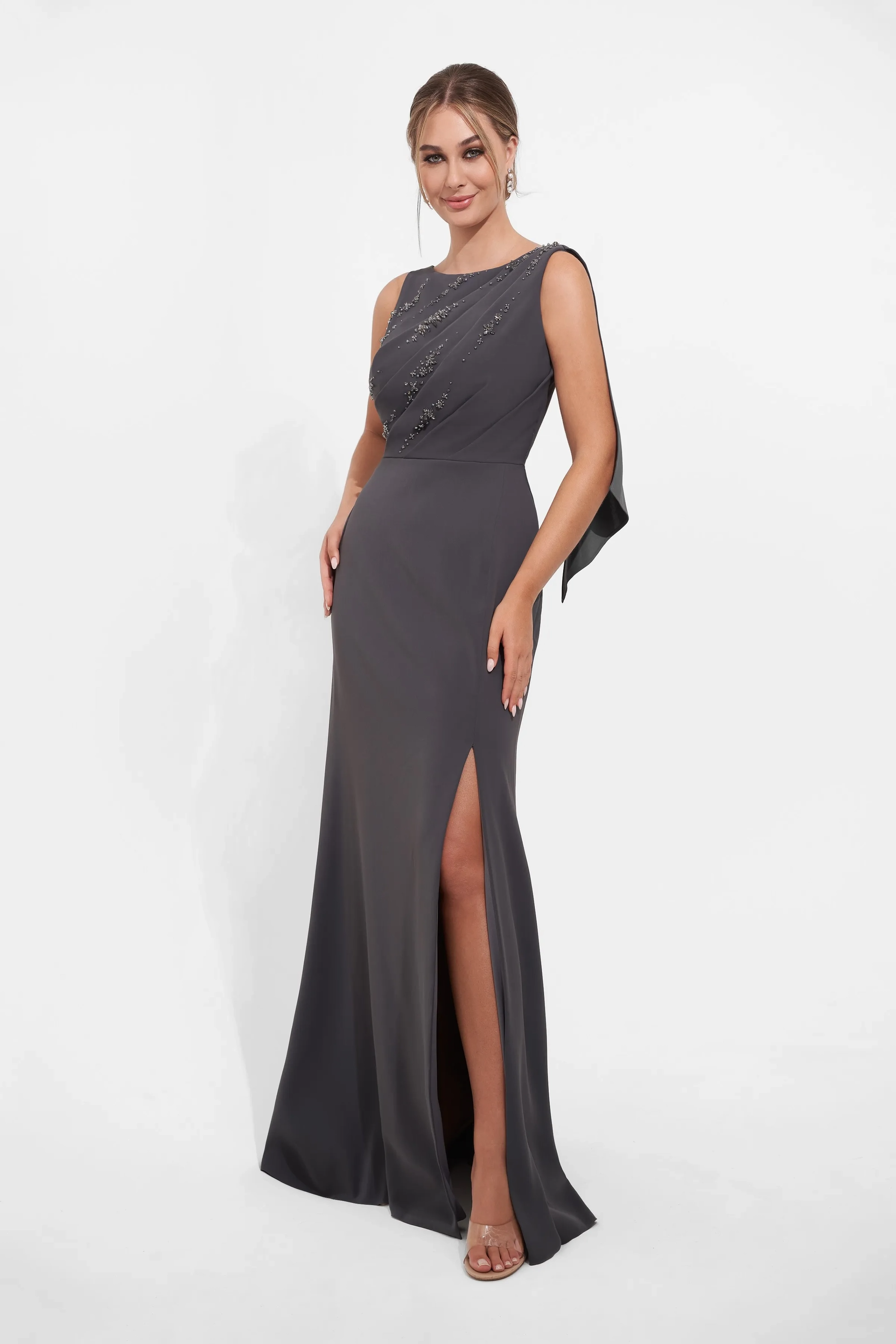 Elegant Crepe Mermaid Boat Neck Draped Capelet Beaded Front Slit Mother of the Bride Dresses