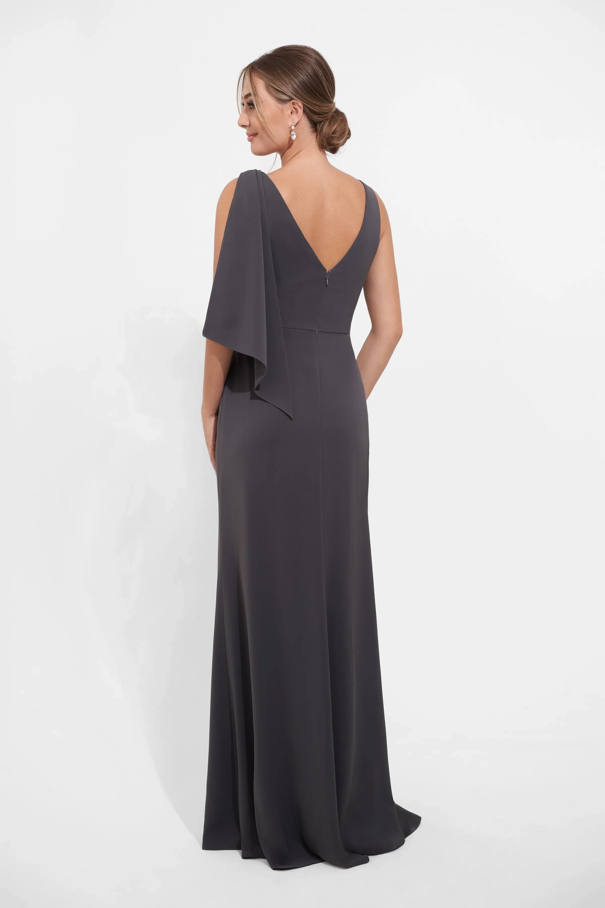 Elegant Crepe Mermaid Boat Neck Draped Capelet Beaded Front Slit Mother of the Bride Dresses
