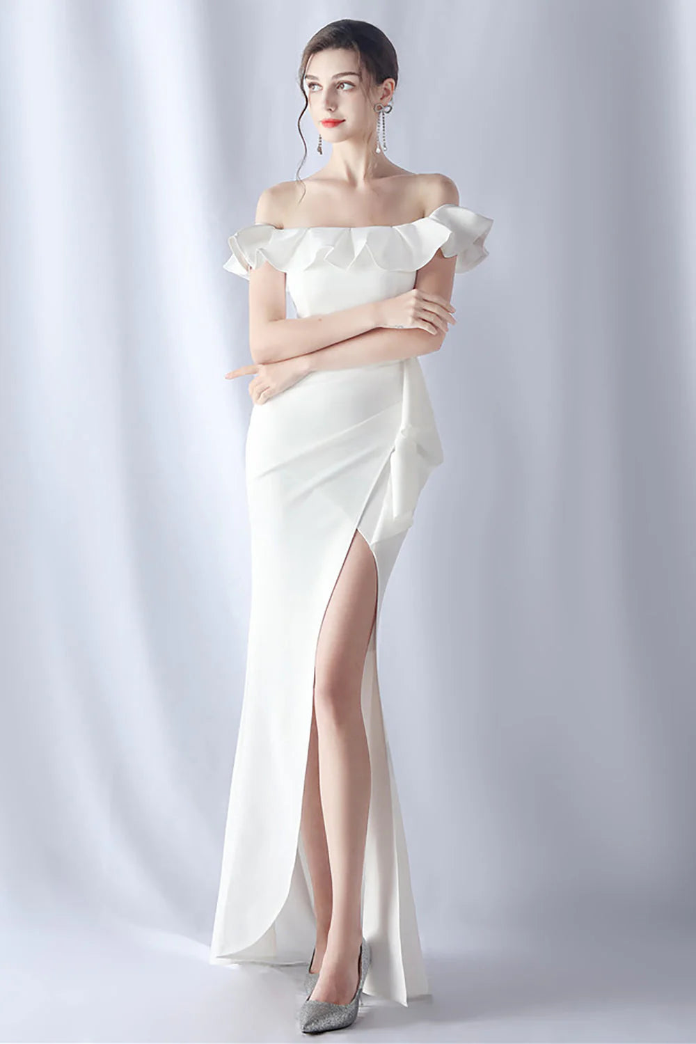 Elegant Crepe Mermaid Off-the-Shoulder Short Sleeve Zipper Back Floor-Length Evening Dress