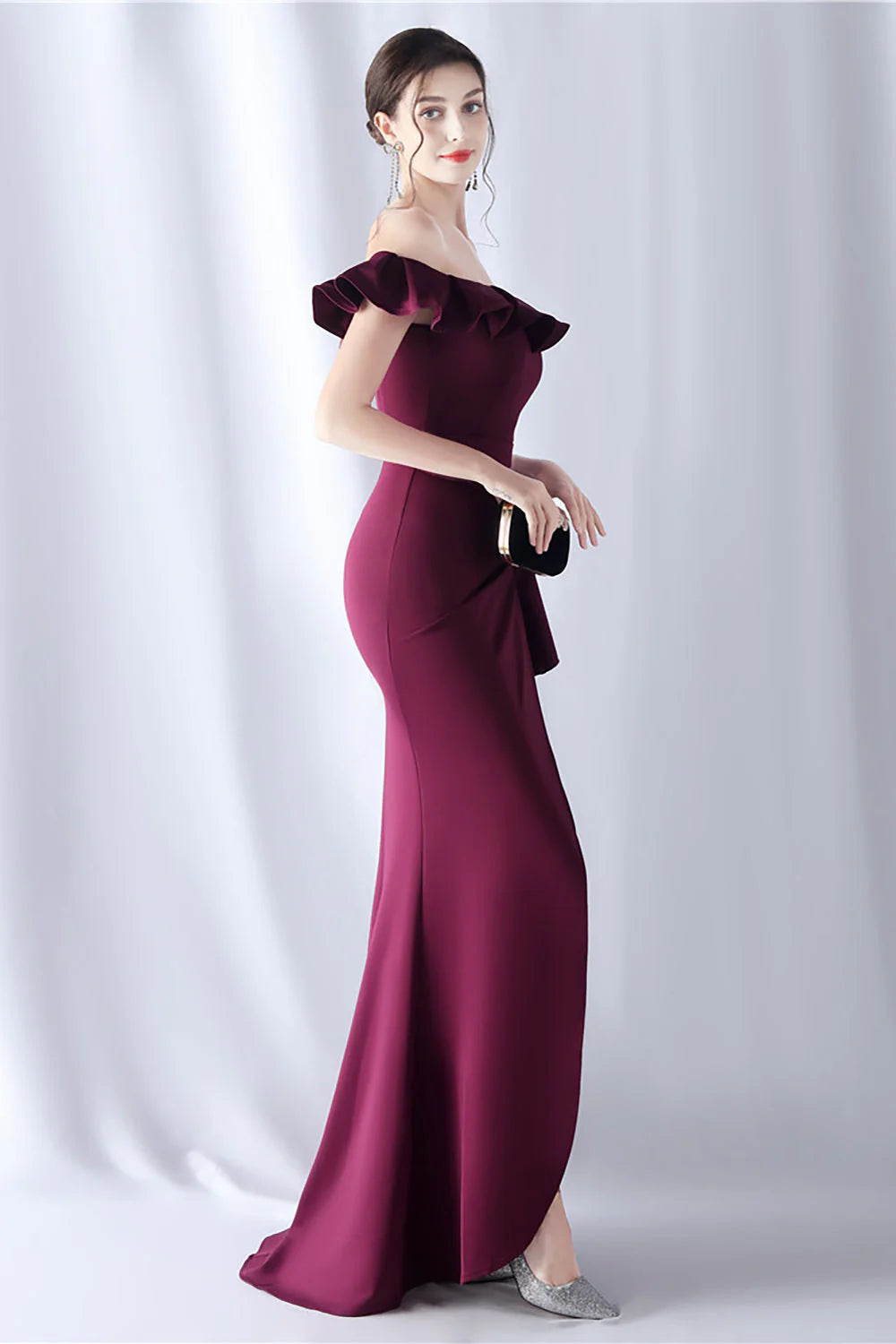 Elegant Crepe Mermaid Off-the-Shoulder Short Sleeve Zipper Back Floor-Length Evening Dress