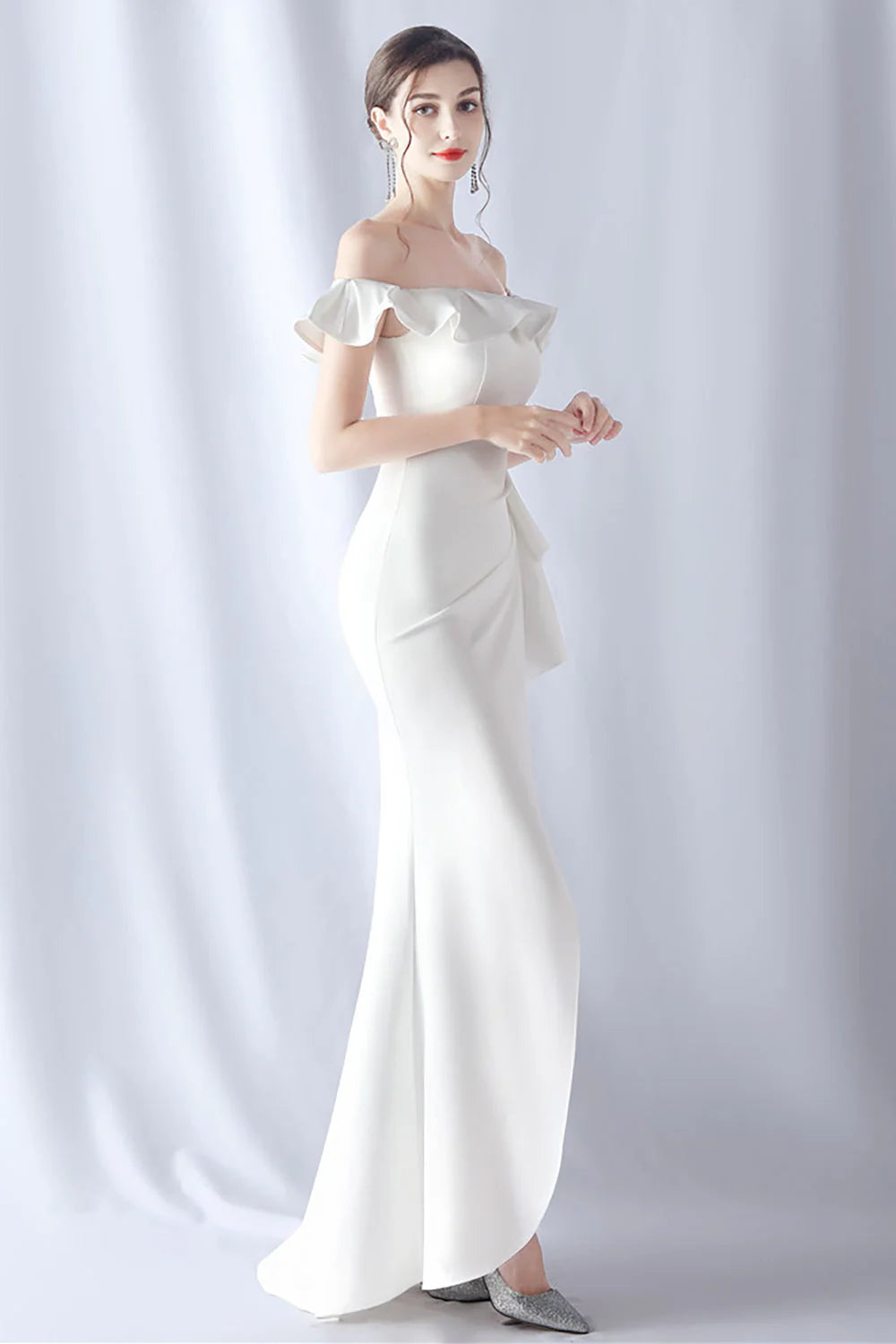 Elegant Crepe Mermaid Off-the-Shoulder Short Sleeve Zipper Back Floor-Length Evening Dress
