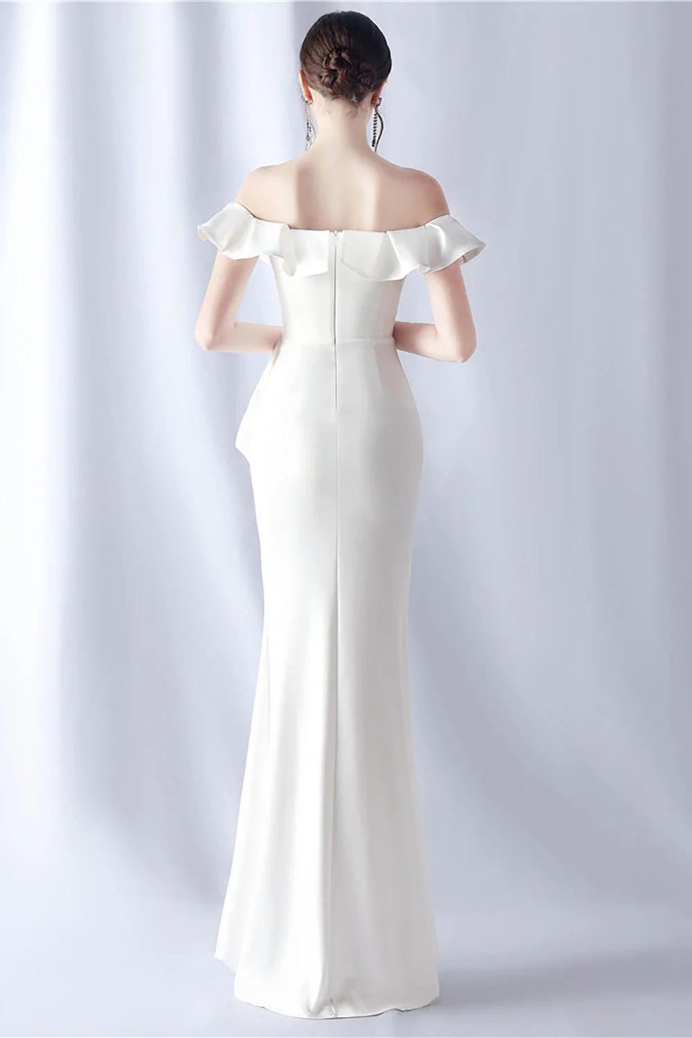 Elegant Crepe Mermaid Off-the-Shoulder Short Sleeve Zipper Back Floor-Length Evening Dress
