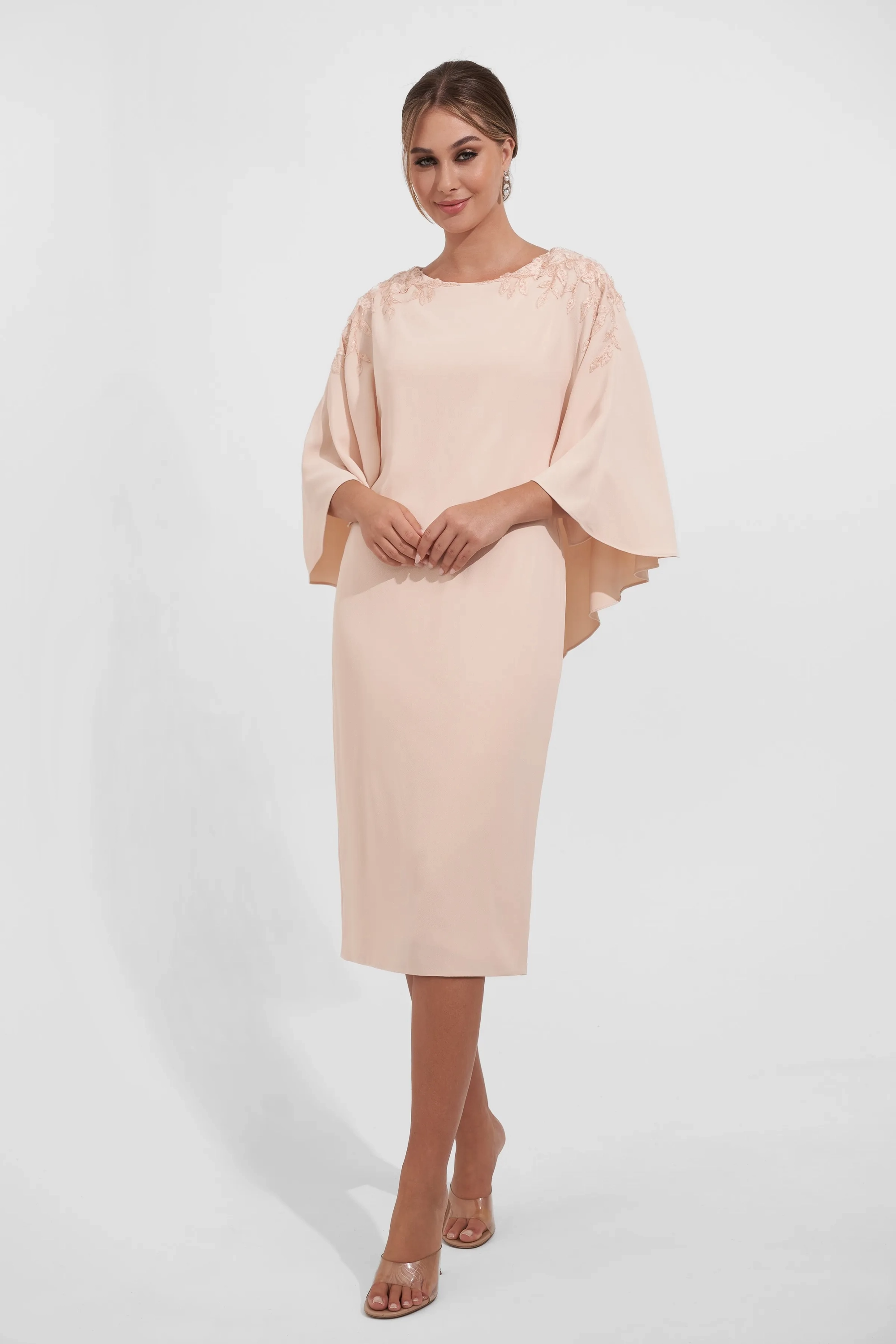 Elegant Crepe Sheath Capelet Overlay Floral Lace Appliqué Midi Mother of the Bride Dresses