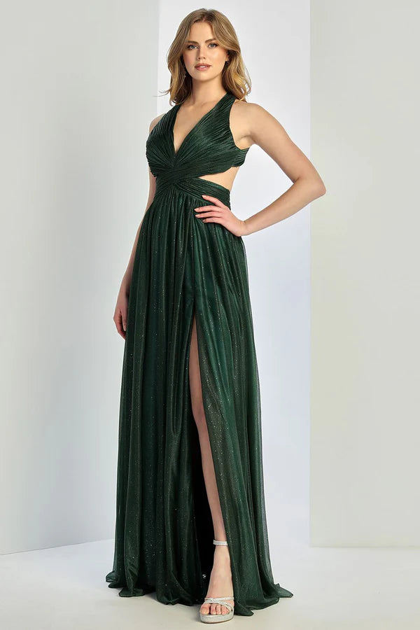 Elegant Dark Green A Line Halter V Neck Sleeveless Open Back Floor Length Evening Dress