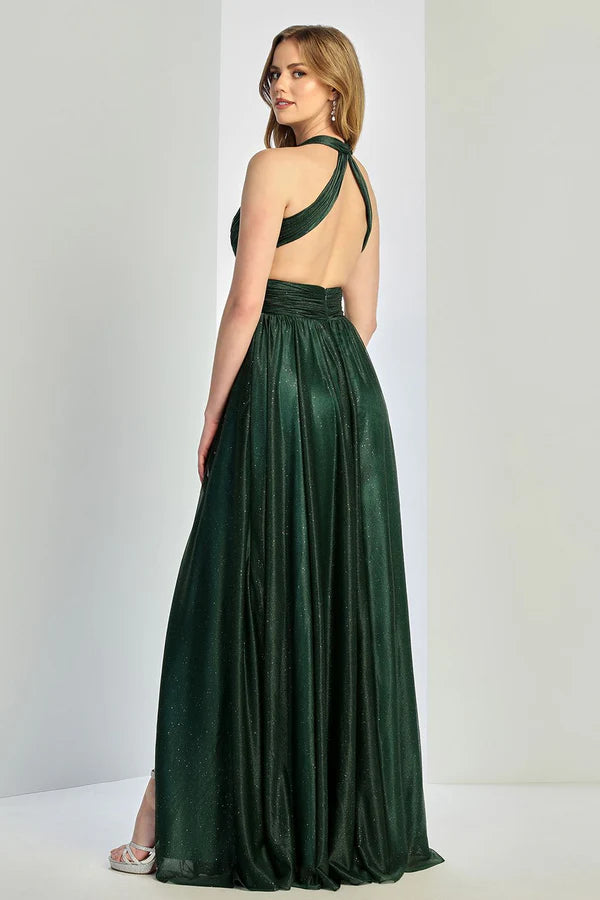 Elegant Dark Green A Line Halter V Neck Sleeveless Open Back Floor Length Evening Dress