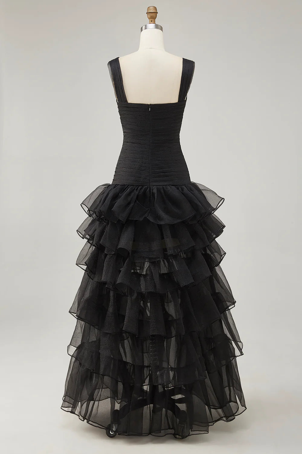 Elegant Dramatic Mermaid Sweetheart Neck Wide Strap Square Back Ruched Tiered Ruffle High-Low Organza Evening Dress
