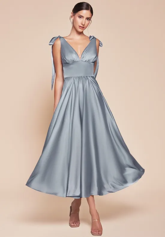 Elegant Dusty Blue Satin A-Line V-Neck Tie-Strap Midi Bridesmaid Dress