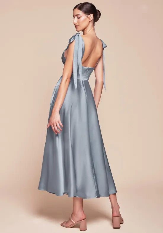 Elegant Dusty Blue Satin A-Line V-Neck Tie-Strap Midi Bridesmaid Dress