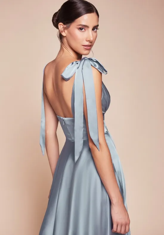 Elegant Dusty Blue Satin A-Line V-Neck Tie-Strap Midi Bridesmaid Dress
