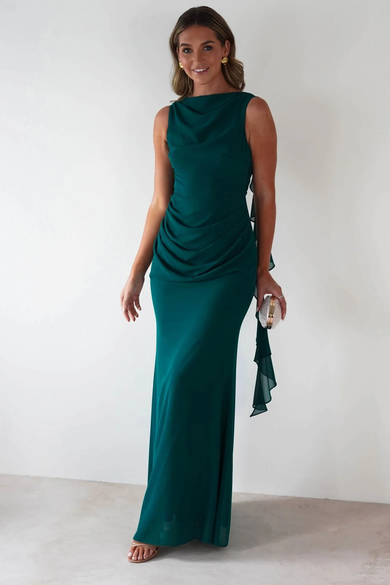 Elegant Emerald Chiffon Cowl Neck Ruched Ruffle Back Mermaid Evening Dresses