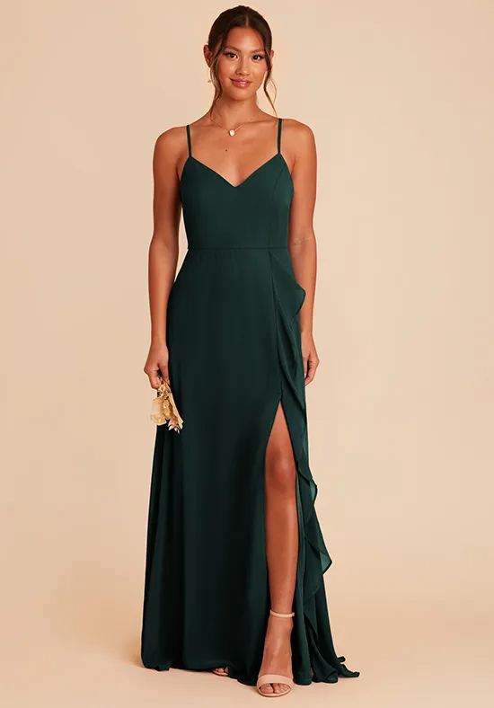 Elegant Emerald Green Chiffon A-Line V-Neck Floor-Length Bridesmaid Dress with Slit