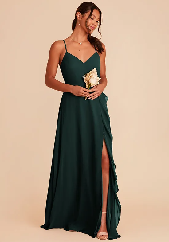 Elegant Emerald Green Chiffon A-Line V-Neck Floor-Length Bridesmaid Dress with Slit