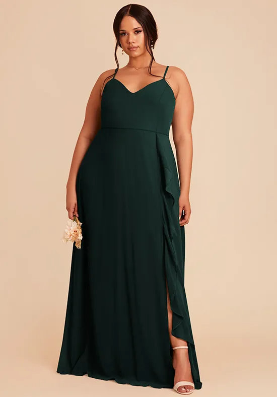 Elegant Emerald Green Chiffon A-Line V-Neck Floor-Length Bridesmaid Dress with Slit