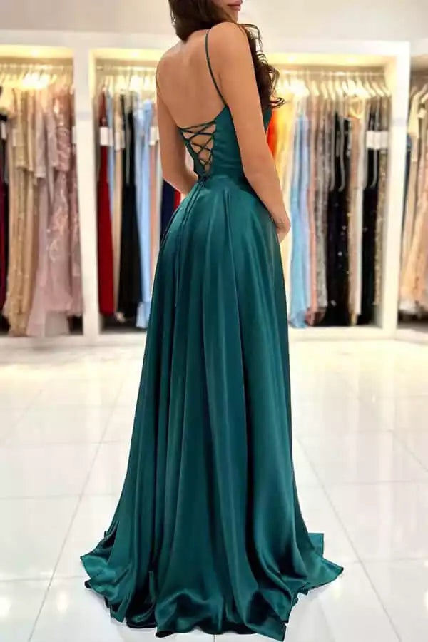 Elegant Emerald Green Satin A-Line Gown with Square Neck & Lace-Up Back