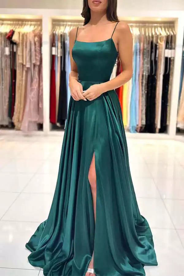 Elegant Emerald Green Satin A-Line Gown with Square Neck & Lace-Up Back