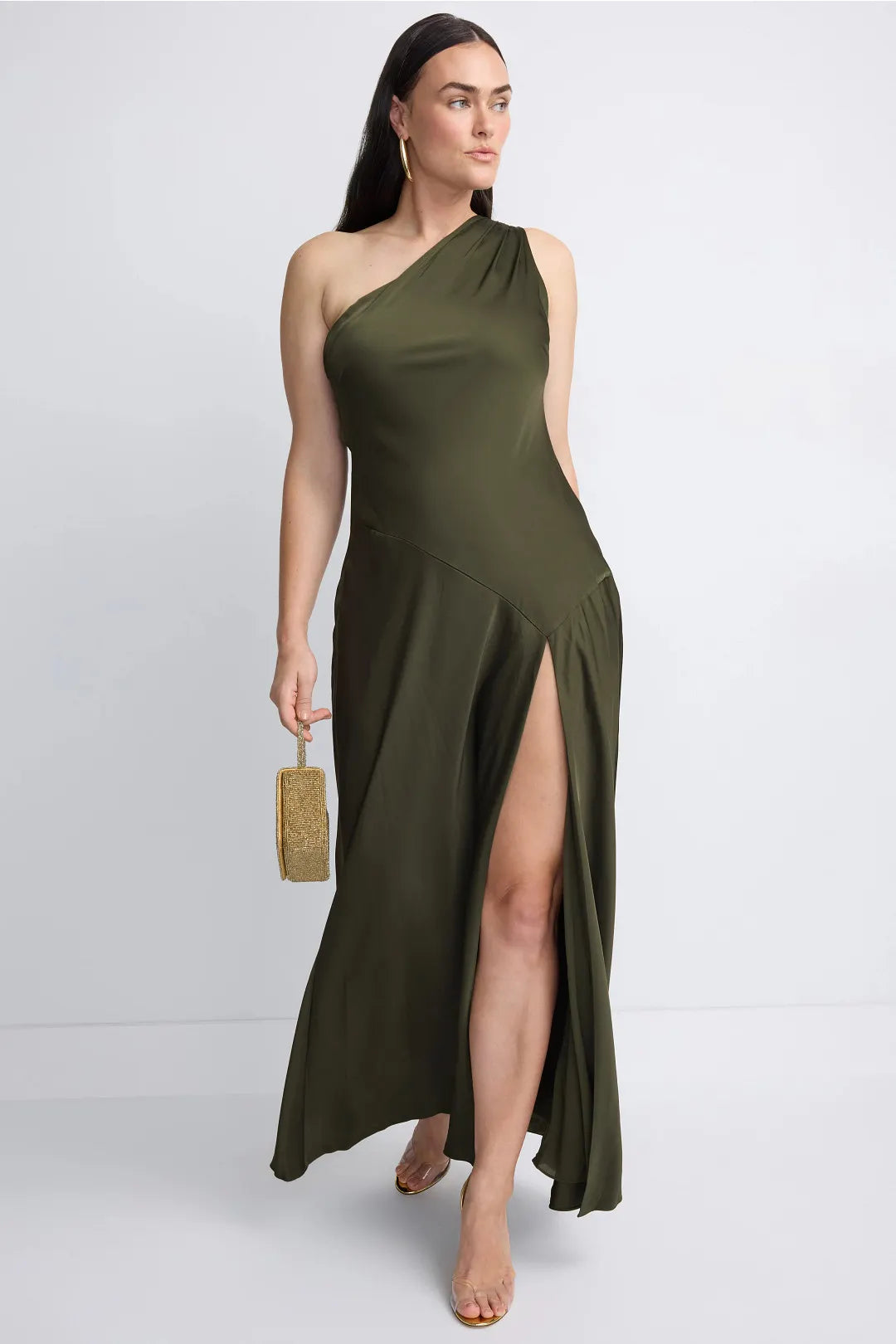 Elegant Figure-Flattering Solid Satin Flowy Maxi One-Shoulder Sleeveless Open Back with Adjustable Tie Detail Side Slit Floor-Length Formal Evening Dresses