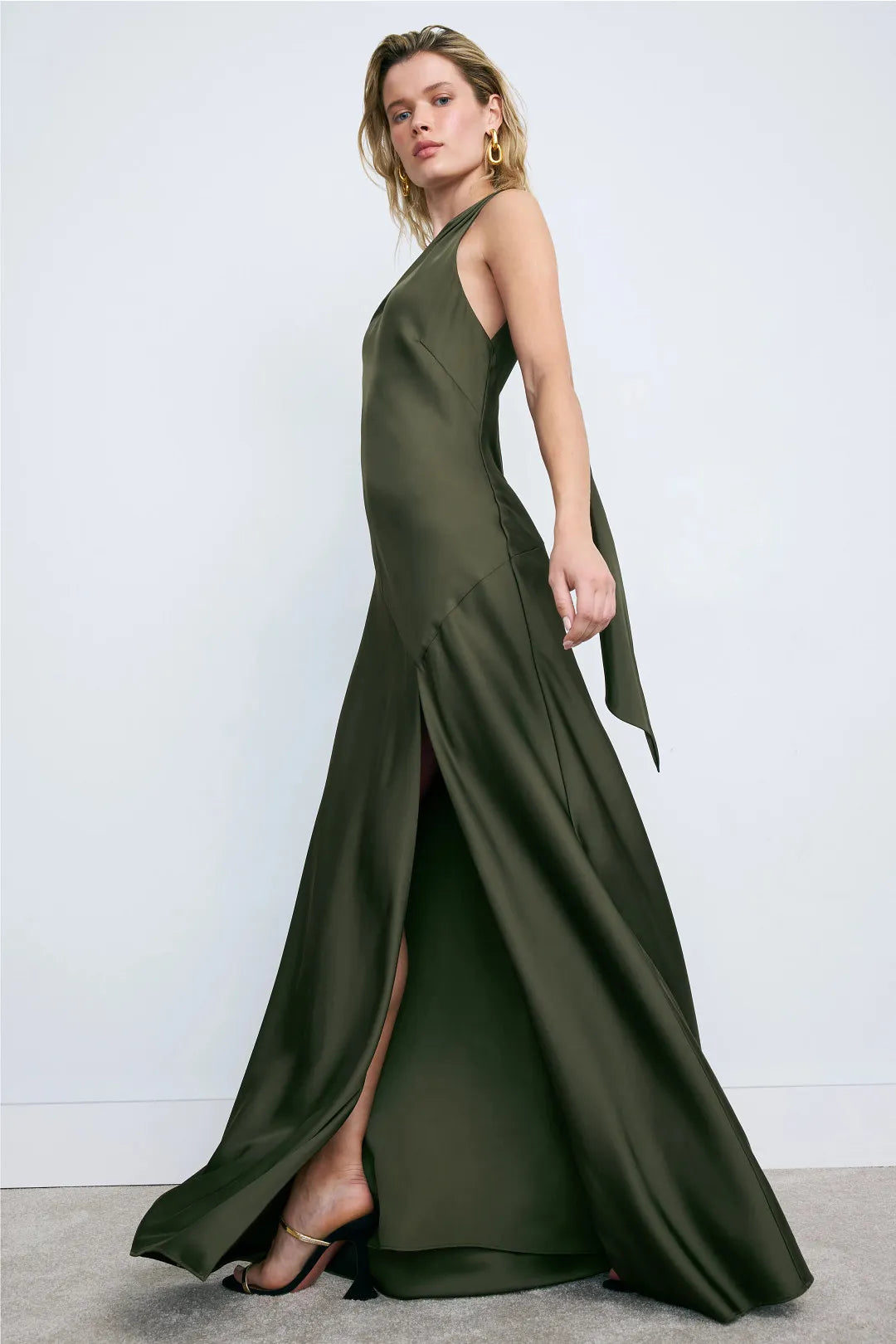 Elegant Figure-Flattering Solid Satin Flowy Maxi One-Shoulder Sleeveless Open Back with Adjustable Tie Detail Side Slit Floor-Length Formal Evening Dresses