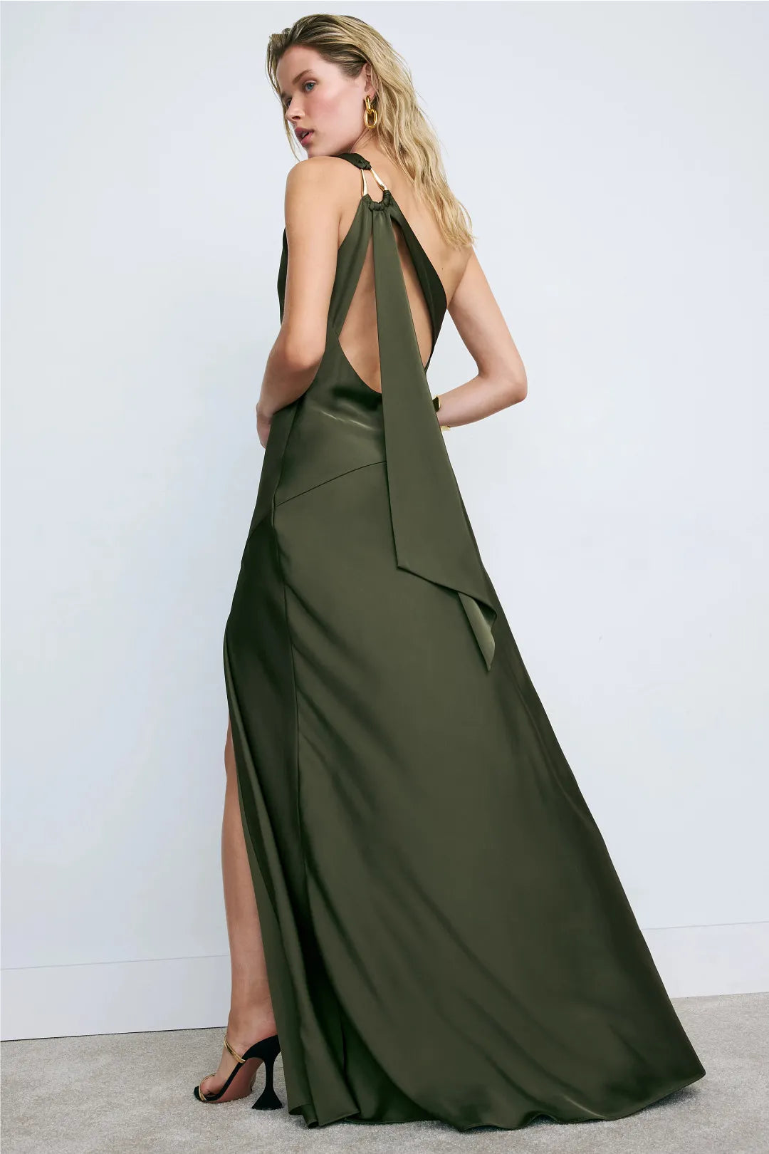 Elegant Figure-Flattering Solid Satin Flowy Maxi One-Shoulder Sleeveless Open Back with Adjustable Tie Detail Side Slit Floor-Length Formal Evening Dresses