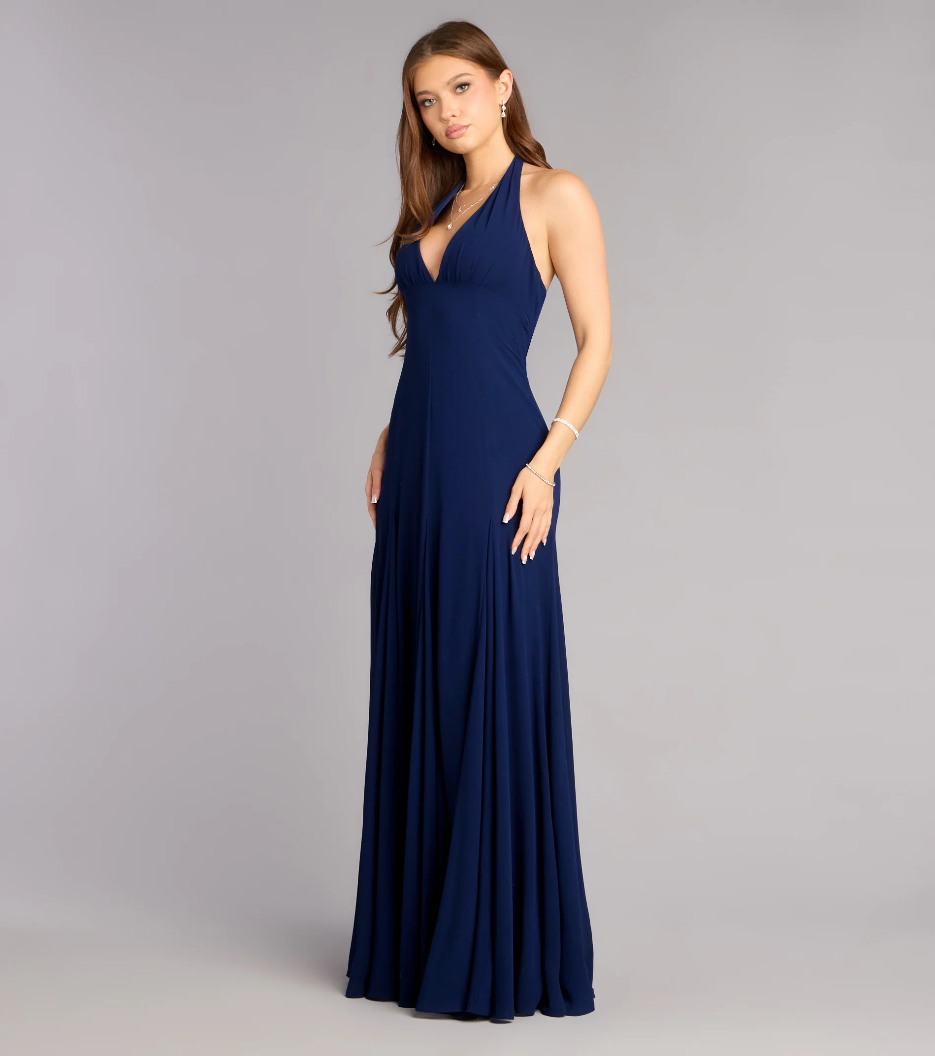 Elegant Fitted A-Line Halter Neck Sleeveless Ruched Backless Prom Dresses