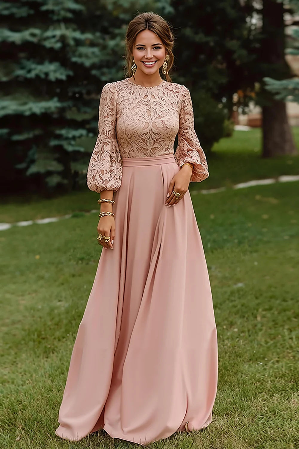 Elegant Fitted A-Line Round Neck Long Sleeve Back Zipper Floor-Length Mother of the Bride Dresses