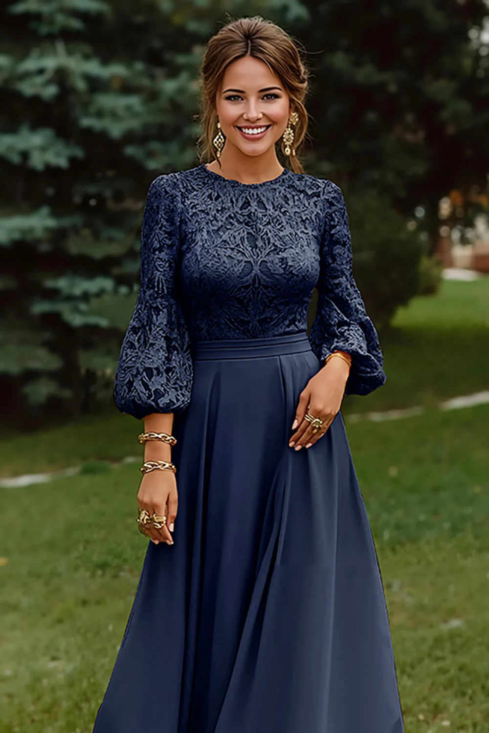 Elegant Fitted A-Line Round Neck Long Sleeve Back Zipper Floor-Length Mother of the Bride Dresses
